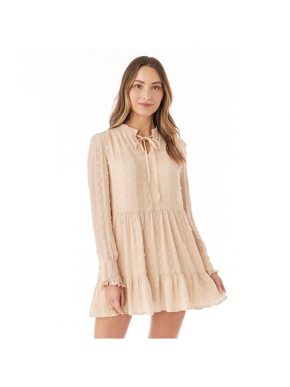 Listicle Beige Mini Dress Long Sleeve Textured Dot Ruffle Hem Tie Neck M